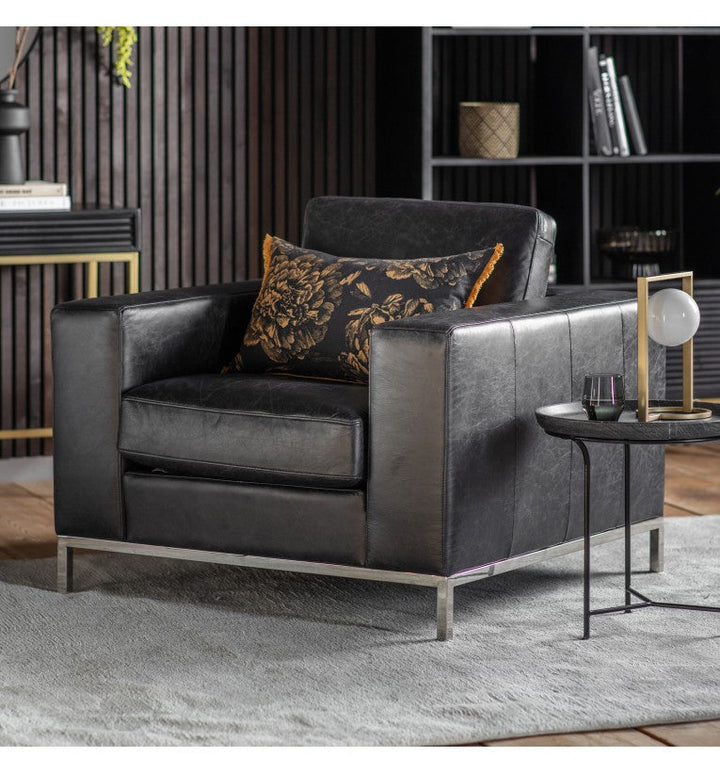 Riverstone Armchair Black Leather with Steel Legs