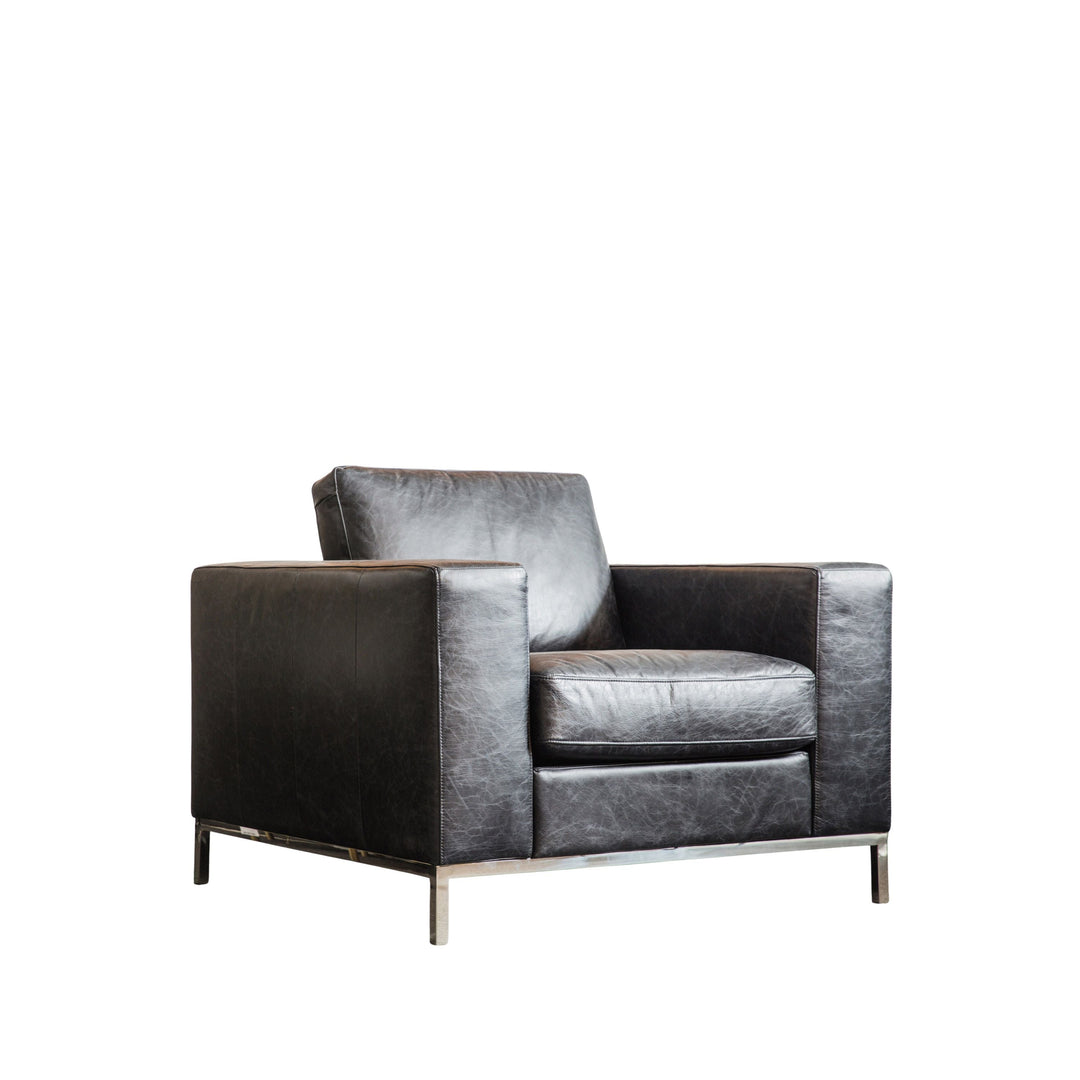 Riverstone Armchair Black Leather with Steel Legs