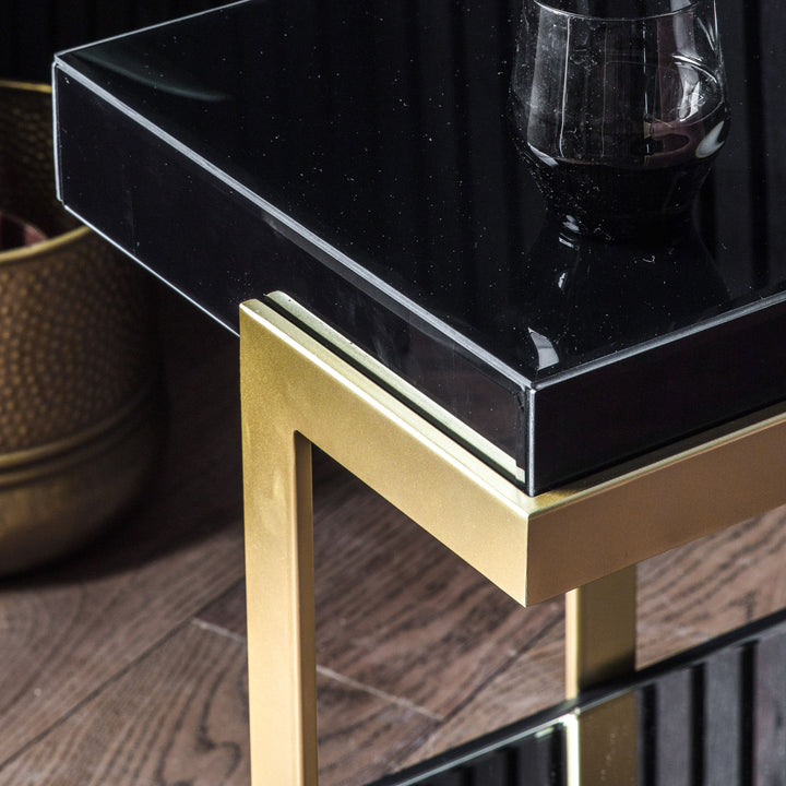 Avalona Black Glass Top Side Table with Gold Metal Base