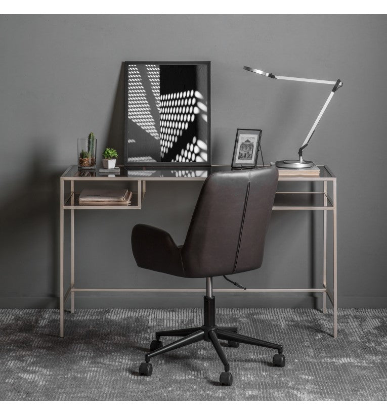 Reed Silver Iron Desk with Smoked Glass Top