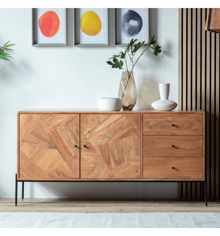 Mirage 2 Door 3 Drawer Acacia Wood Sideboard with Black Metal Legs