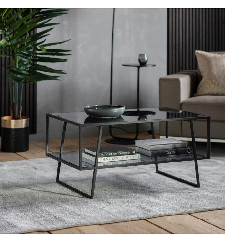 Belle Black Iron Coffee Table with Smoked Glass Shelves