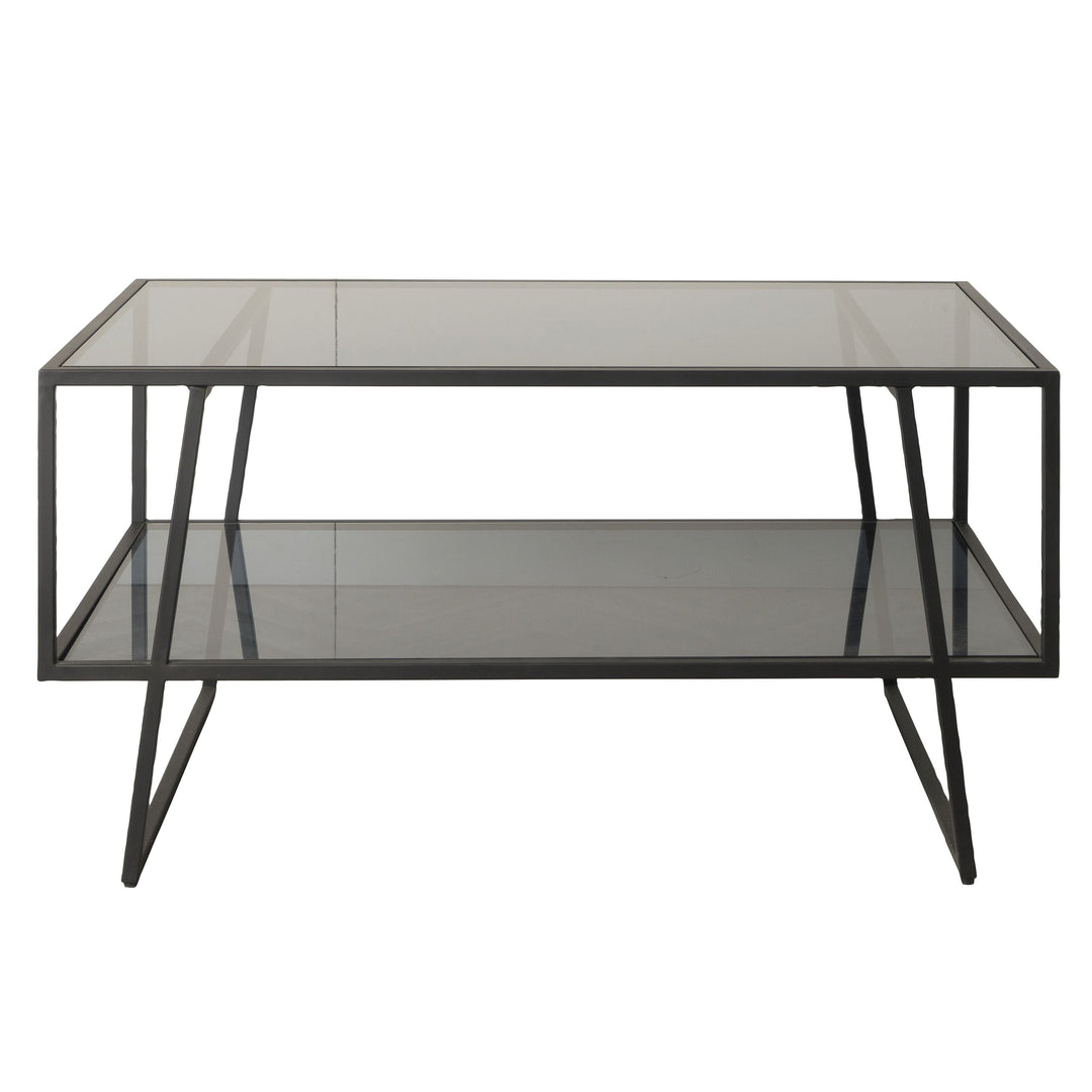 Belle Black Iron Coffee Table with Smoked Glass Shelves