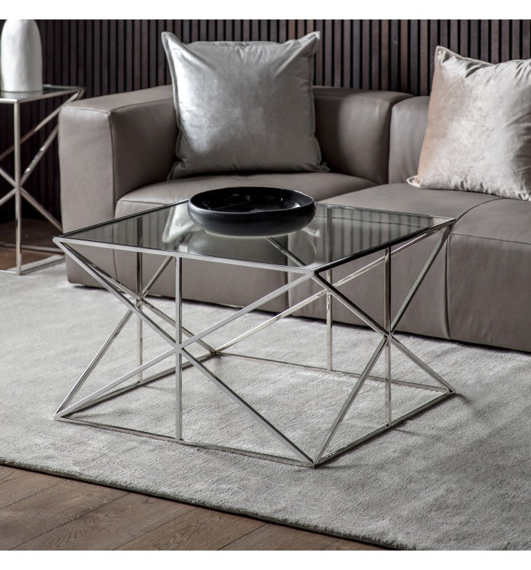 Amberly Silver Stainless Steel Coffee Table with Glass Top